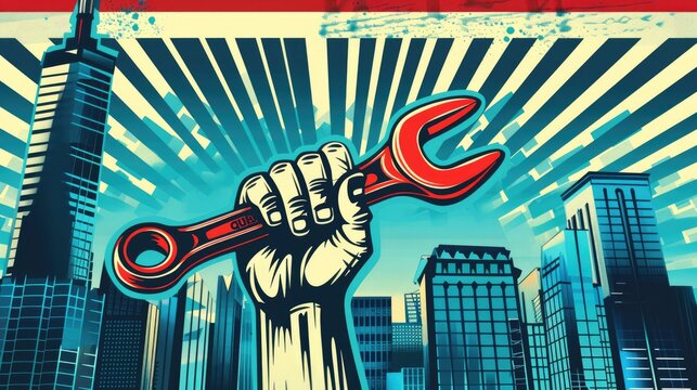 Labor Day. Hand holding a wrench on city skyline background. Labor day concept. Comic style.