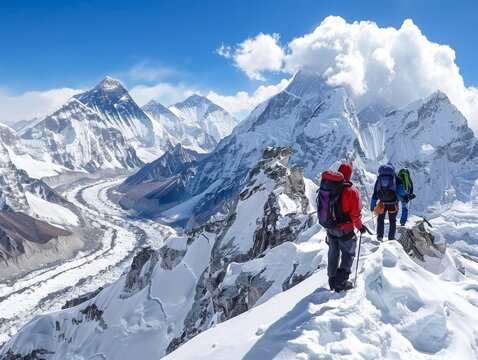 View of Mount EverestGokyo Valley withGroup of Hikers and Sherpas in Nepal