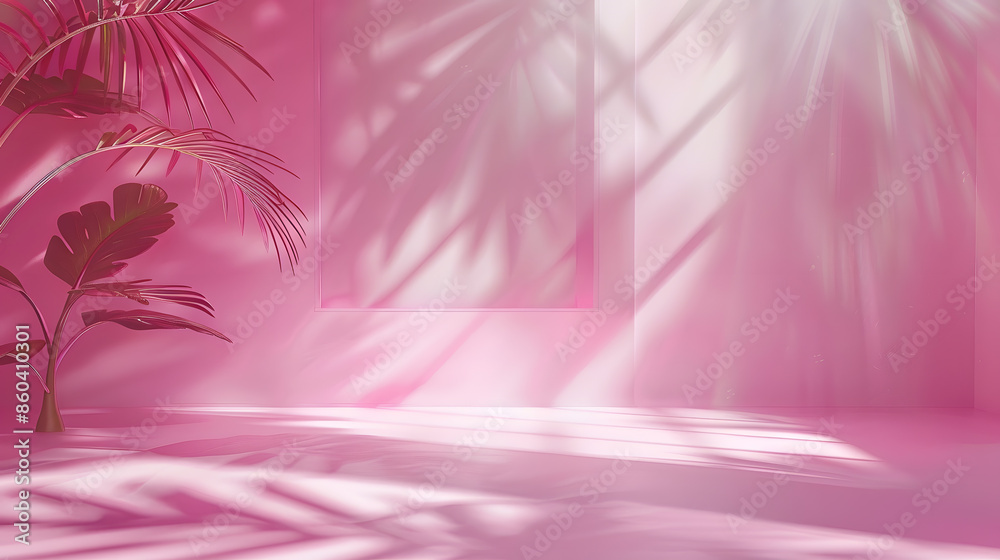 Poster Abstract gradient pink studio background for product presentation Empty room with shadows of window and flowers and palm leaves  3d room with copy space Summer concert Blurred backdrop : Generative AI