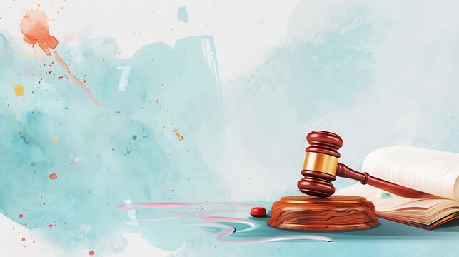 Judge's gavel and open book on a watercolor-stained background representing legal and judicial themes.