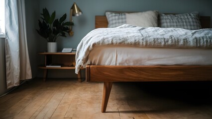 Modern design bedroom, close-up of an elegant wooden king-size bed with white luxury bedding, cozy pillows, next to a contemporary nightstand with a lamp.