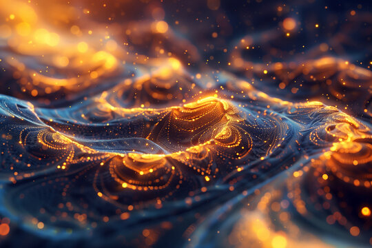 abstract waves of glowing fluid with golden sparkles and particles, dark background, photorealistic // ai-generated