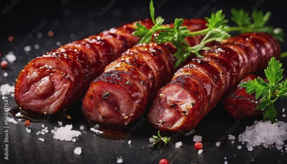 Wall mural juicy grilled meat with herbs and salt. fried juicy sausages from the grill - Wall murals