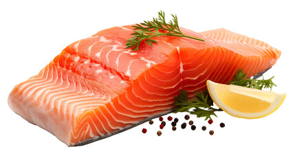 photo of a whole fresh salmon fish alongside sliced salmon meat, isolated on a white background PNG