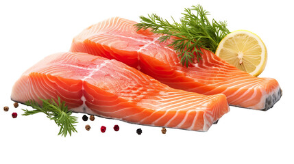 photo of a whole fresh salmon fish alongside sliced salmon meat, isolated on a white background PNG