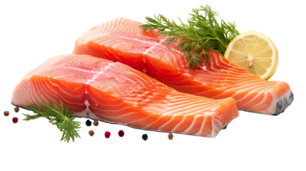 photo of a whole fresh salmon fish alongside sliced salmon meat, isolated on a white background PNG