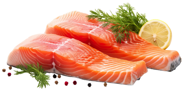 photo of a whole fresh salmon fish alongside sliced salmon meat, isolated on a white background PNG