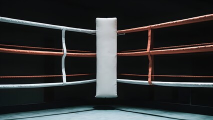Corner of an empty sports boxing ring for fights and competitions, with boundary red and white ropes, in dimmed light, a darkened room for combat sports. 