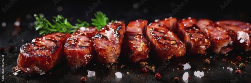 Wall mural juicy grilled meat with herbs and salt. fried juicy sausages from the grill