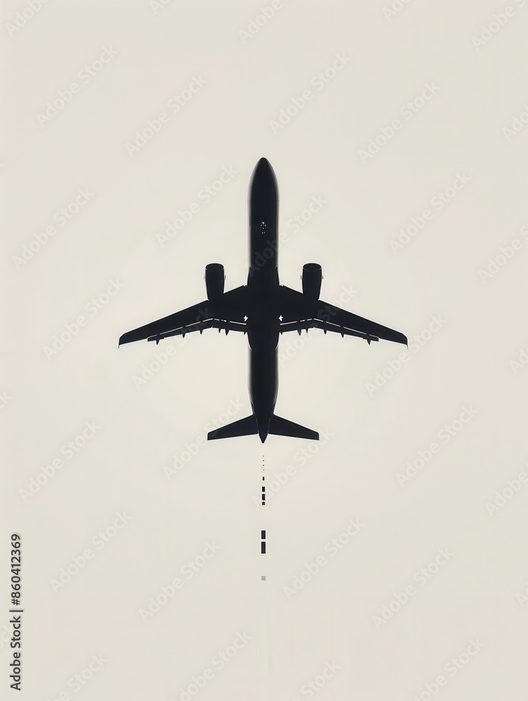 Poster a minimalistic silhouette of an airplane in flight against a bright white sky. generative ai