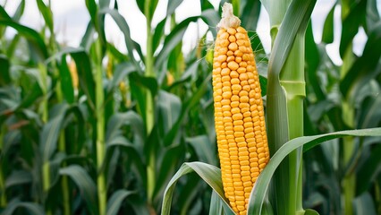 A close-up of a yellow organic corn cob with grains in a cornfield, the fruit of maize in nature during harvest time, surrounded by young crops on agricultural land or plantation.