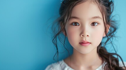 beautiful Little asian girl posing on blue background