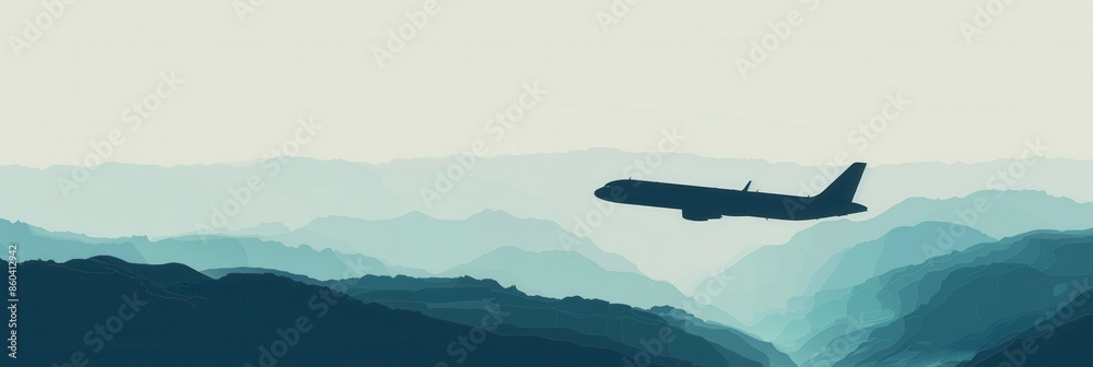 Poster a minimalistic silhouette of an airplane flying over a mountainous landscape. the image is perfect f