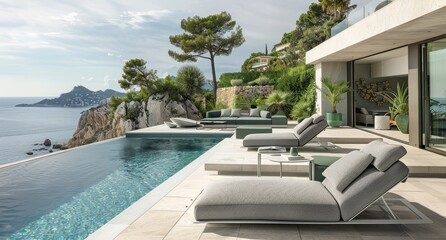 Fototapeta premium Modern Outdoor Sunbed With Two Sides, Gray Fabric And White Metal Frame, Infinity Pool, Mediterranean Sea View, Summer, Ckadid Sccalbini Design, J Astronomy, Green Cushions, Sleek