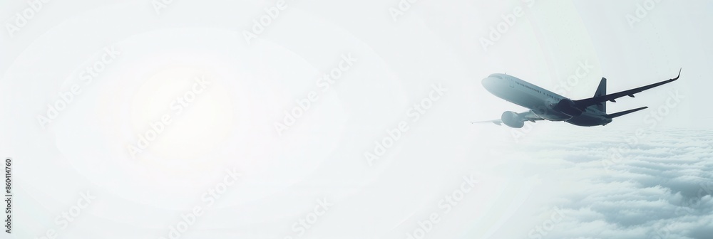 Poster a minimalistic and sleek silhouette of an airplane in flight, soaring through the clouds. perfect fo