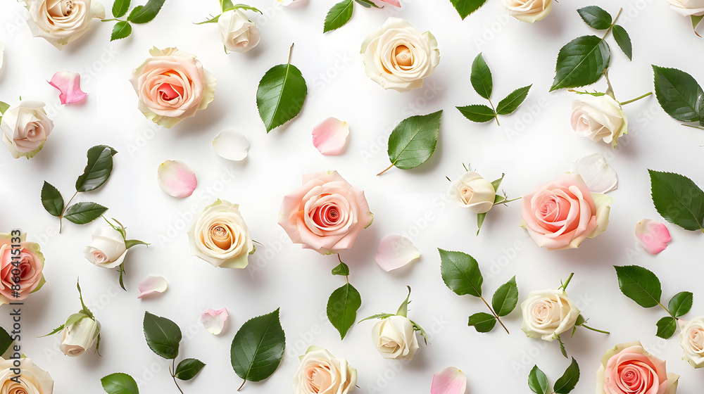 Poster floral pattern made of pink and beige roses green leaves branches on white background flat lay top v