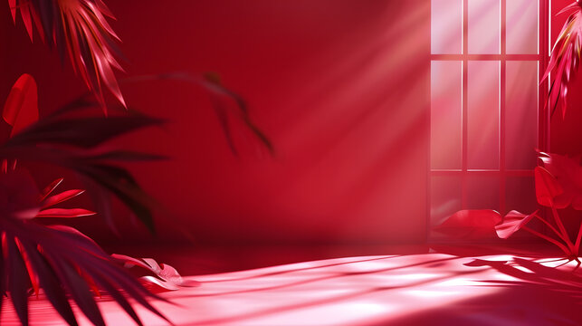 Abstract red studio background for product presentation Empty room with shadows of window and flowers and palm leaves room with copy space Trendy Color of the Year 2023 viva magenta : Generative AI