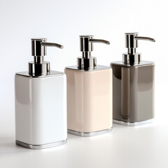 Obraz premium Three ceramic soap dispensers with metal nozzles in white beige and brown colors isolated on white background Bathroom accessories personal hygiene products concept