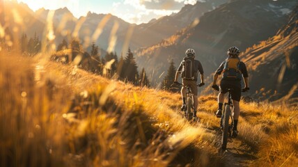 Two cyclists enjoying mountain trail at sunset