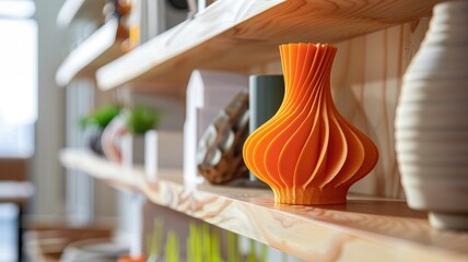 Orange 3D-printed vase on wooden shelf in bright interior