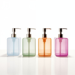 Four colorful squareshaped plastic soap dispensers with silver pumps lined up on a white reflective surface against a white background