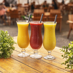 Three colorful fruit smoothies are blended and served in a cafe terrace