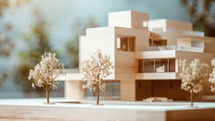 Architectural model of modern multi-level house with trees