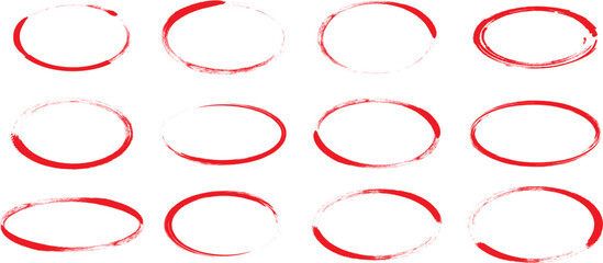 Pen line oval, red round sketch doodle, pencil charcoal marker, brush ellipse scribble, circular grunge frame, outline paint bubble, text element, freehand ring. Vector illustration