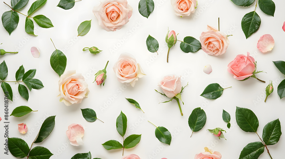 Poster floral pattern made of pink and beige roses green leaves branches on white background flat lay top v