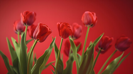 Beautiful red tulips against a red background making it perfect for the Spring and Easter season The soft pastel colors and delicate blooms evoke feelings of renewal and joy : Generative AI