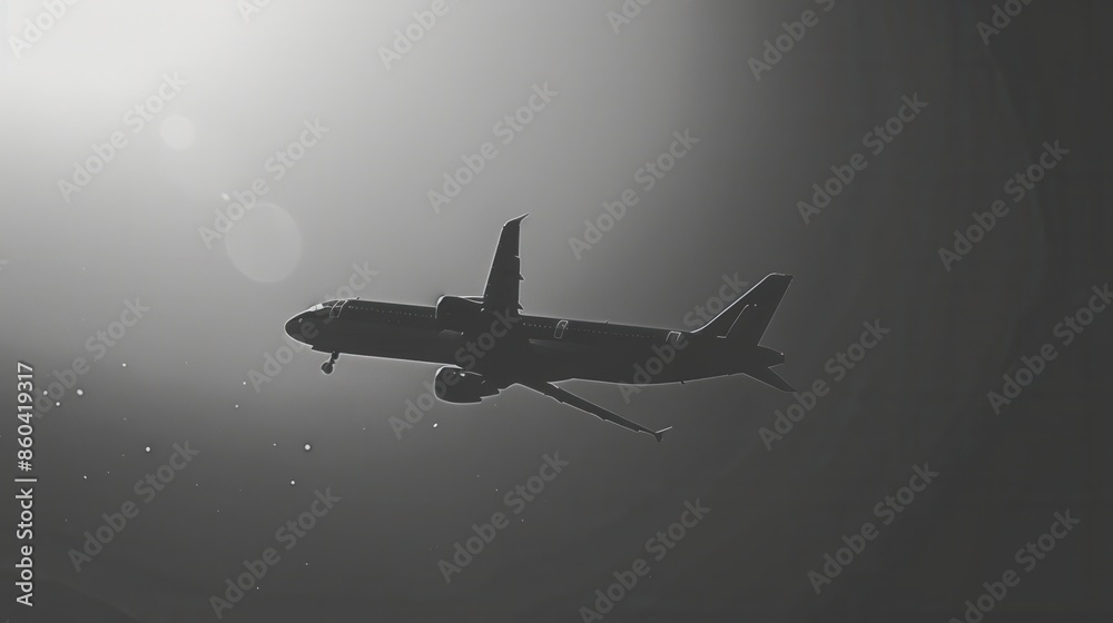 Poster a minimalist silhouette of an airplane in flight against a bright, cloudy sky. perfect for airlines 