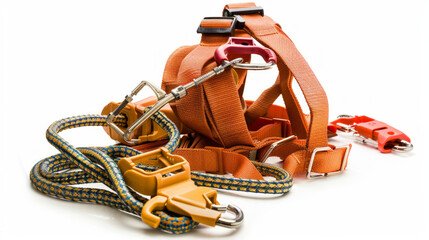 Fall Protection Equipment: Equipment such as harnesses and lanyards for preventing falls from heights isolated on white background