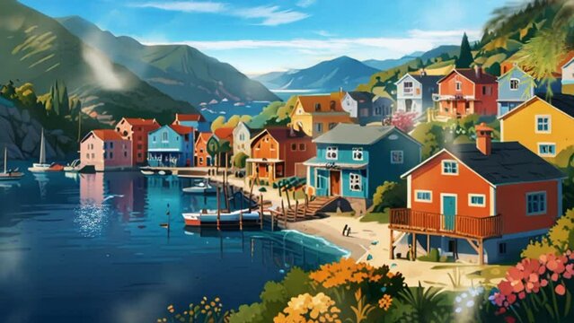 house next to the pier with mountains in the background. Seamless looping 4k video animation