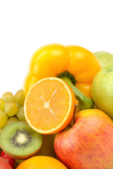 Fruits and vegetables isolated on a white background. Vertical photo.