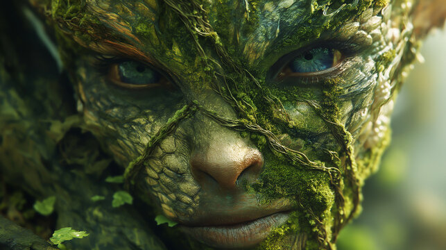 Close-up of a mysterious tree-like creature with mossy skin and pointed ears. The creature's face is filled with wisdom and ancient knowledge. Its appearance is mysterious and surreal. - Powered by Adobe