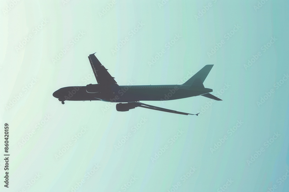 Poster a minimalist image of an airplane silhouette in flight against a blue sky. perfect for use in airlin