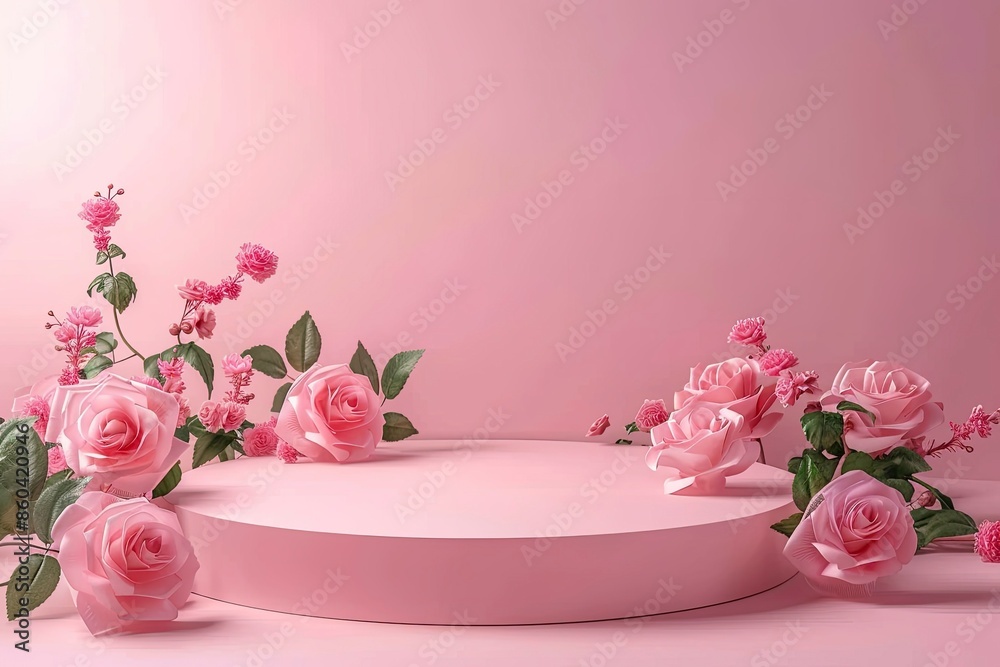 Wall mural Blank podium with pink roses on pink background. Showcase for product, perfume, jewelry and cosmetic presentation --ar 3:2 Job ID: f3008982-caee-4138-bd48-287a970a0e81