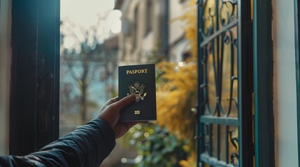 Hand Holding US Passport Near Doorway.