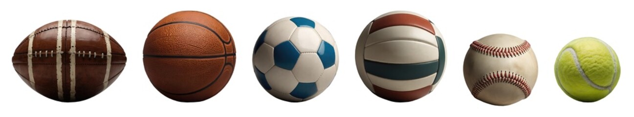 Set of different sports balls, rugby ball, basketball, soccer ball, volleyball, baseball, tennis ball collection isolated on transparent background. Generative AI