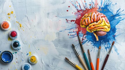 Colorful brain painting with splashes and art supplies on white background
