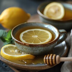 Lemon wedges and honey drizzle next to green tea, fresh and sweet
