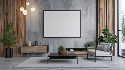 interior of a room with a sofa, Frame mockup, ISO A paper size. Living room wall poster mockup. Interior mockup with house background. Modern interior design. 3D render