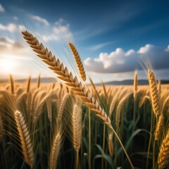 ripe rye spikelets field at beautiful sundown background , cg nature 3D rendering
