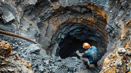 Worker in reflective clothing inspecting deep mine shaft