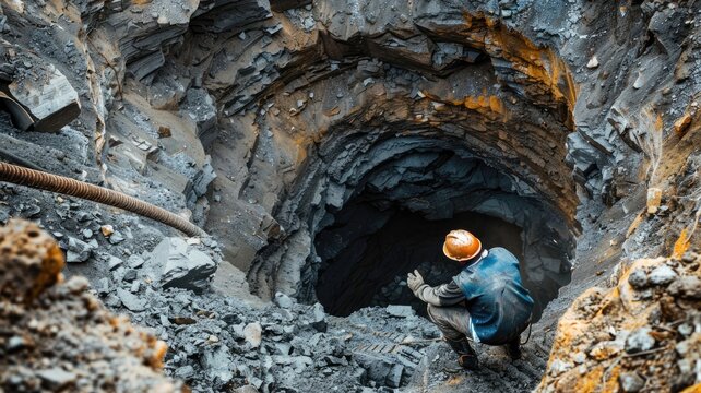 Worker in reflective clothing inspecting deep mine shaft