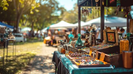 Outdoor market stalls with handicrafts and jewelry on display under sunlight