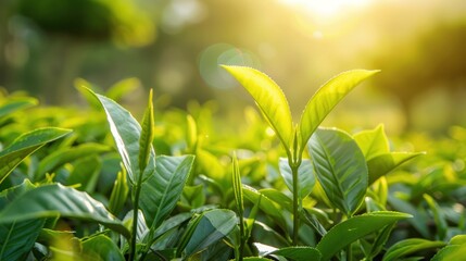 A lush green field of tea plants with the sun shining background