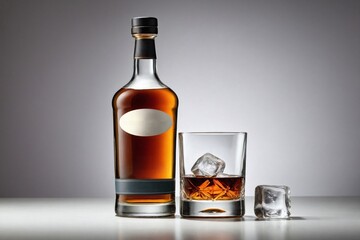 Rum: A classic rum bottle, alongside glass of rum.