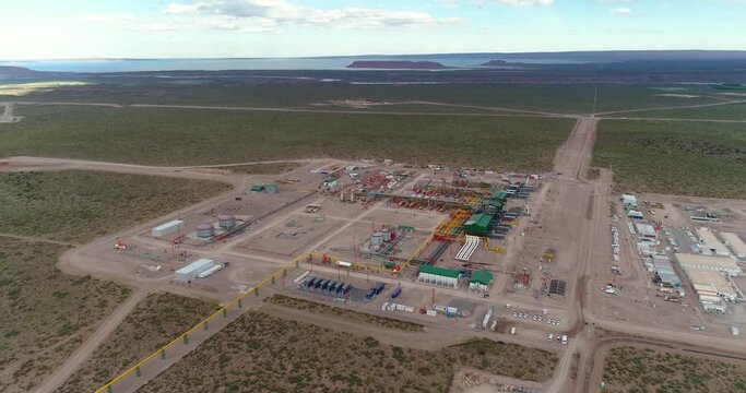 Vaca Muerta, Argentina, October 30, 2018: Aerial view of unconventional gas treatment plant, in A&ntilde;elo.