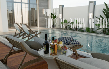 3D illustration of house with swimming pool and biocimlatic pergola. Front view of villa with palm trees and whirlpool.